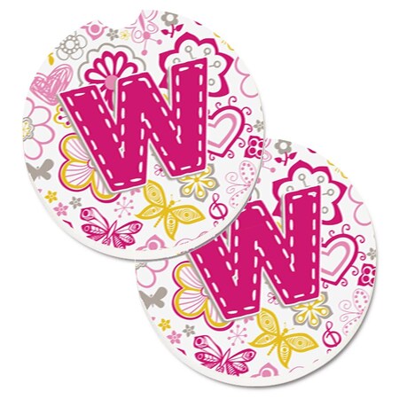 Carolines Treasures Letter W Flowers and Butterflies Pink Set of 2 Cup Holder Car Coaster CJ2005-WCARC